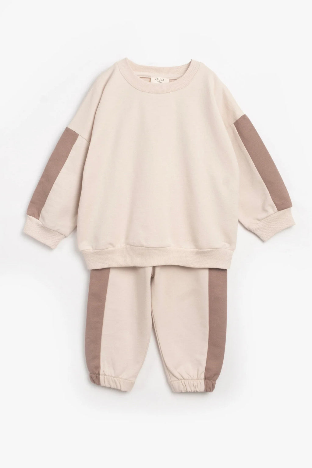Kız Erkek Basic Şerit Detaylı Sweatshırt Takım Çocuk Takımı Bej